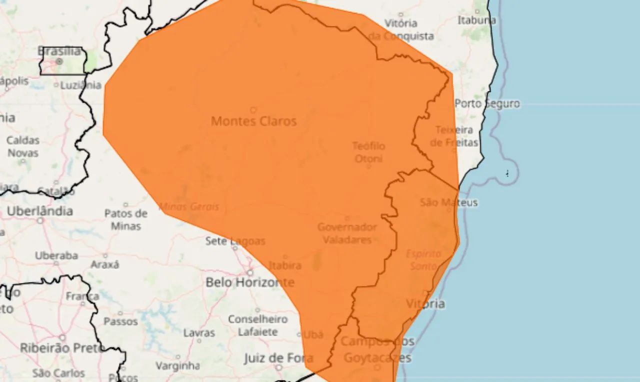 A imagem mostras &agrave;s &aacute;reas em alerta laranja para chuva intensa, raios e ventania em partes de MG, ES, RJ e BA